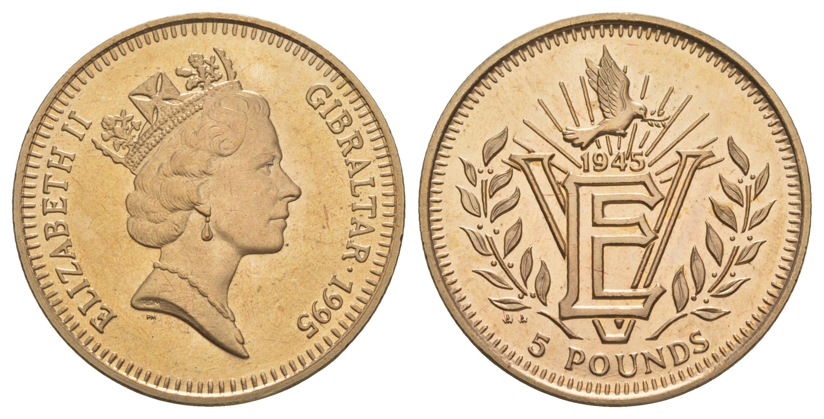 Гибралтар 5 фунтов 1995 50 лет со дня победы в Европе KM 332 вирениум BU 413-2934