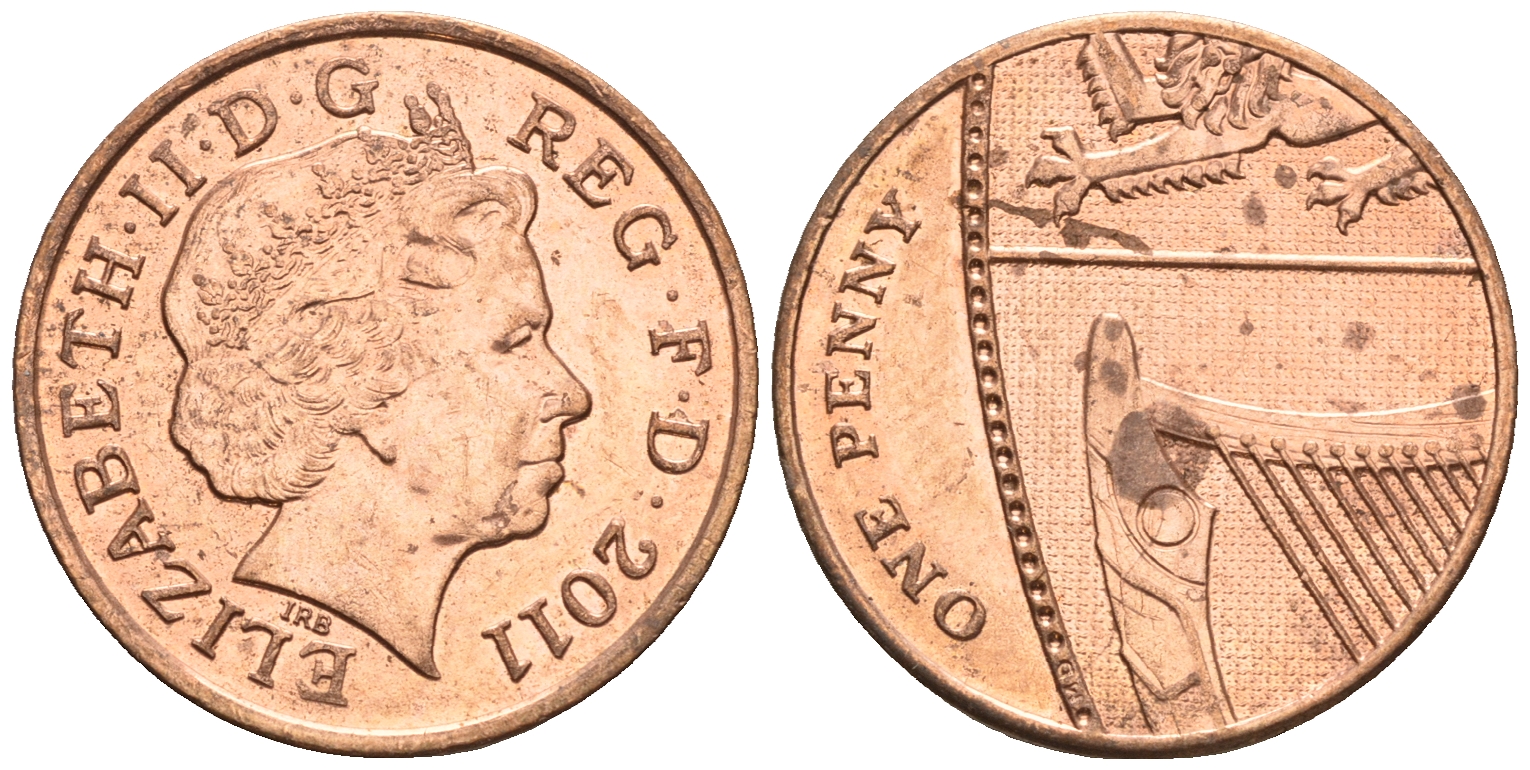 Великобритания 1 пенни 2011 Елизавета II (1952-2022) KM 1107, Spink B6 сталь плакированная медью 4609-735