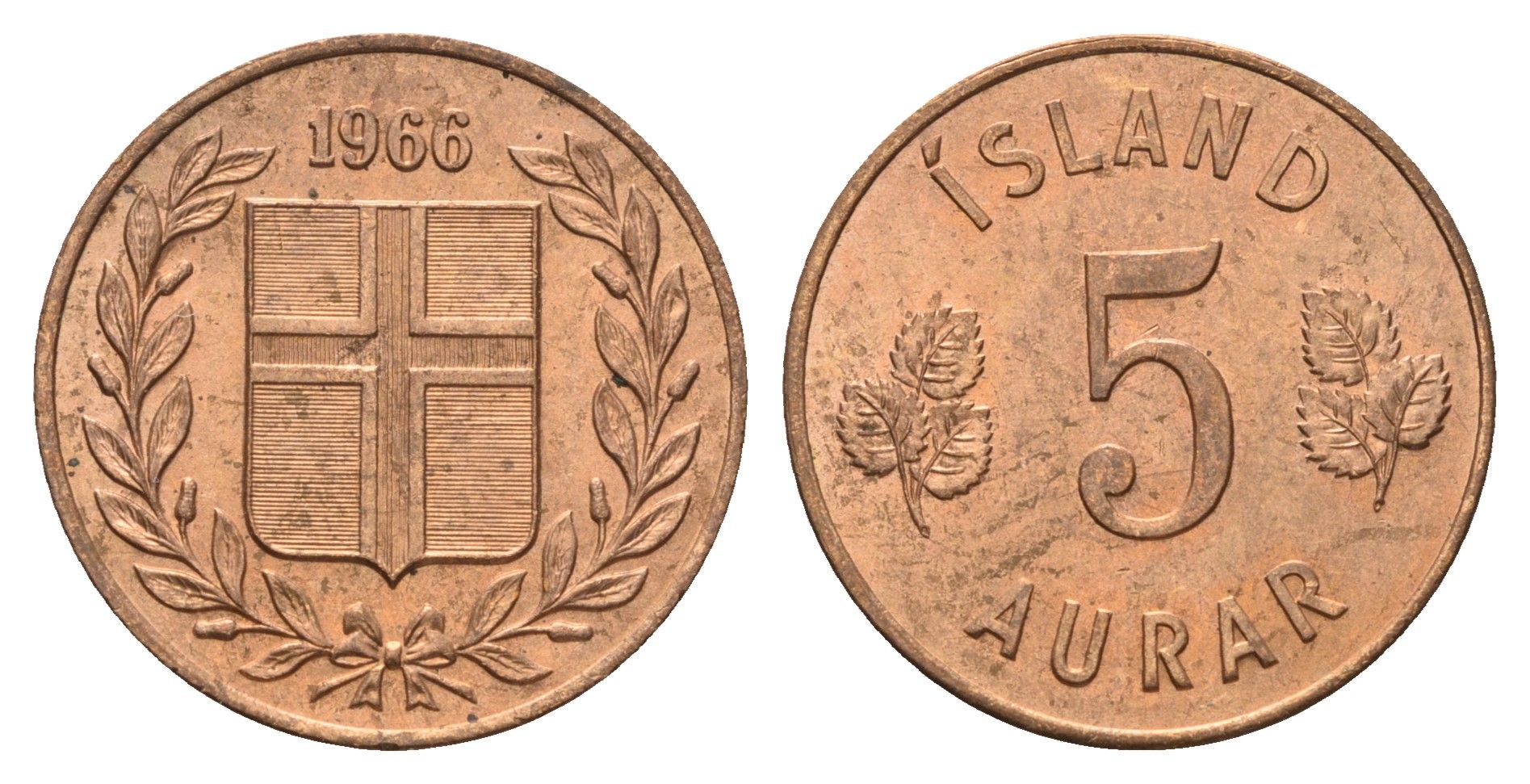 Исландия 5 эйре 1966 KM 9 бронза UNC 4691-345
