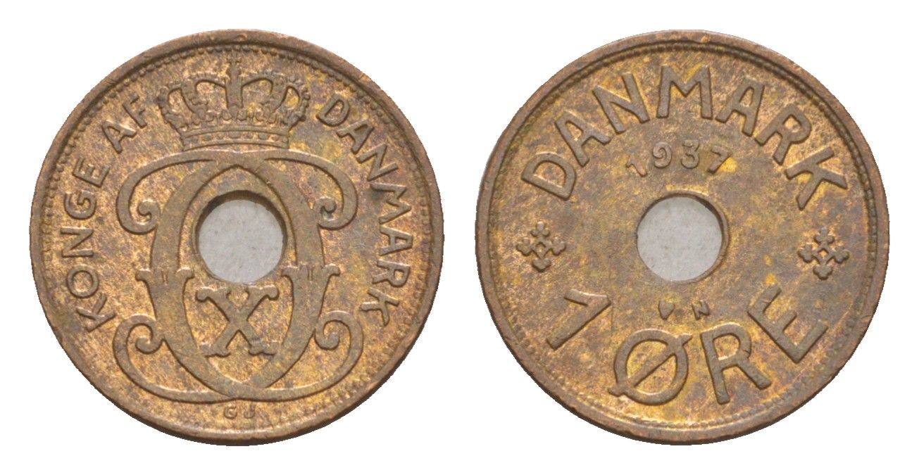 Дания 1 эре 1937 N, Кристиан X (1912-1947) KM 826 бронза 4658-155