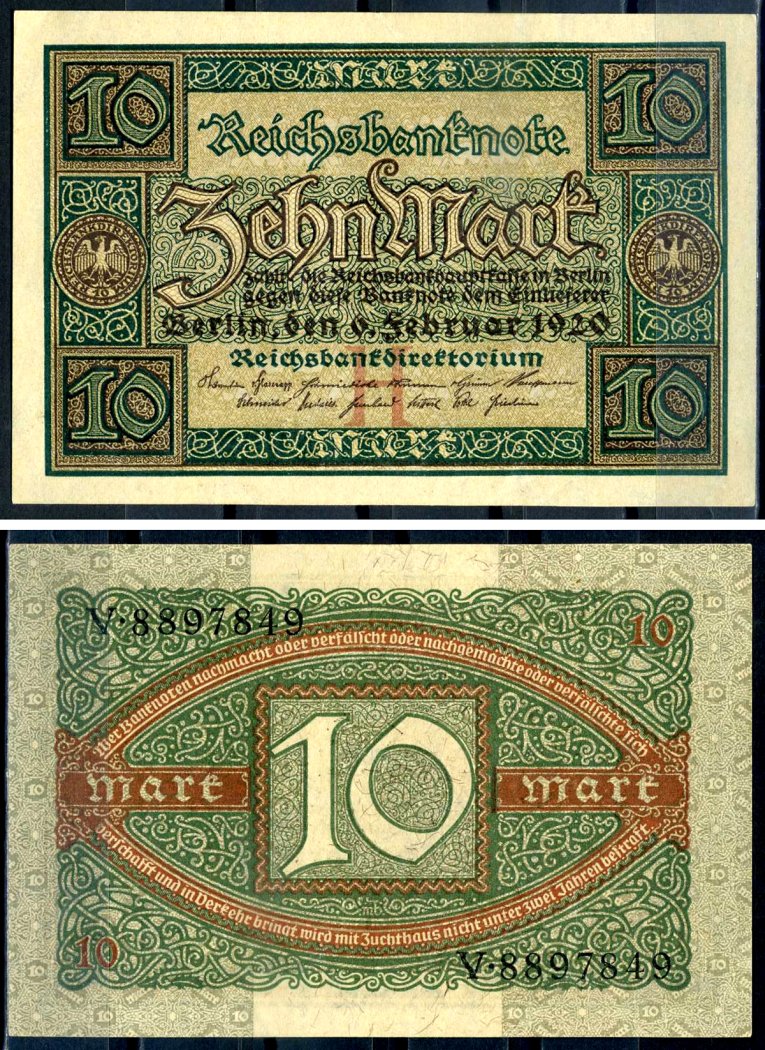 Германия 10 марок 1920 буква H, серия V, номер семизначный Pick 67a, Rosenberg 63а бумага UNC (пресс) 8617-18-2-1