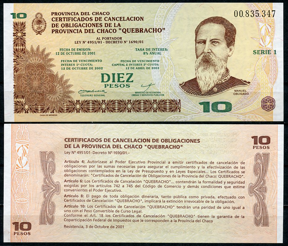 Аргентина, провинция Чако 10 песо 2001-2003 Manuel Obligado Pick S NL  бумага  UNC (пресс) 447-70-6-2