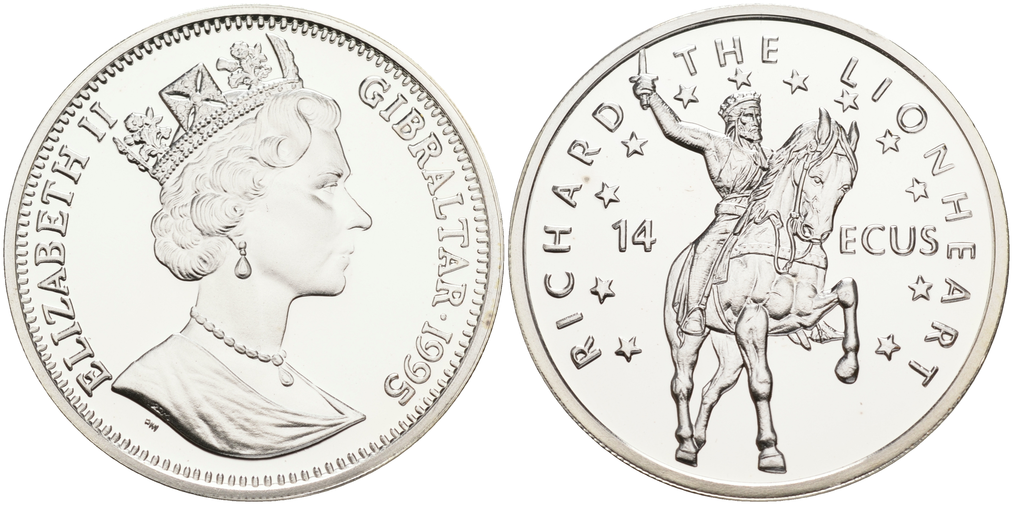 Гибралтар 14 экю 1995 Ричард Львиное сердце KM 496 серебро PROOF 02-251-26