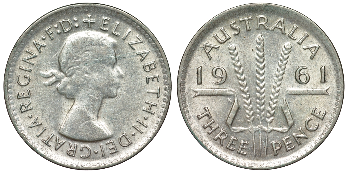 Австралия 3 пенса 1961 m, Елизавета II (1952-2022) KM 57 серебро 71-664