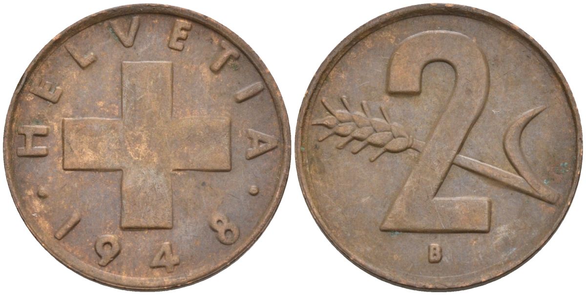 Швейцария 2 раппена 1948 В KM 47 бронза 4591-236