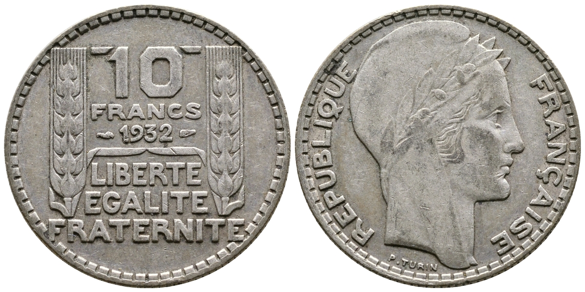 Франция 10 франков 1932 Пьер Тюрен KM 878, Le Franc 360.5 серебро 36-125