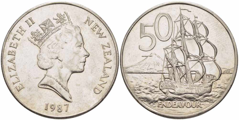 Новая Зеландия 50 центов 1987 Елизавета II (1952-2022), парусник Индевор KM 63 медно-никель 4557-333