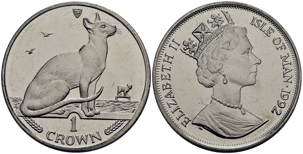 Остров Мэн 1 крона 1992 сиамская кошка КМ 332 медно-никель UNC M80-15