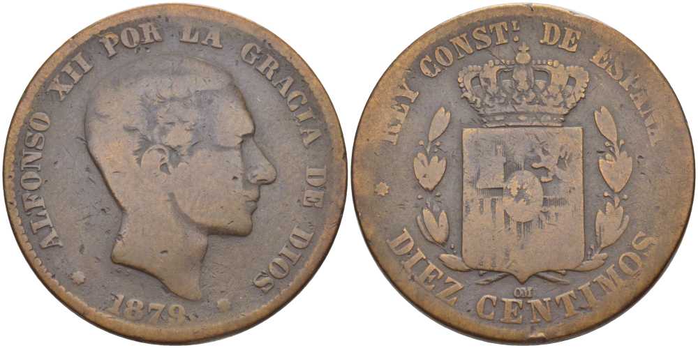 ИСПАНИЯ 10 СЕНТИМО 1879 OM, АЛЬФОНСО XII (1874-1885) KM 675 (Y70) бронза 115-932