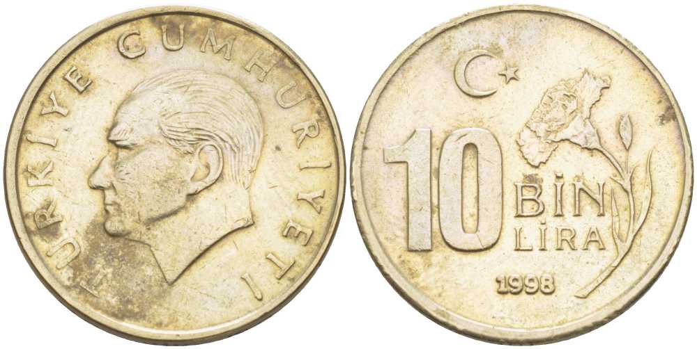 Турция 10000 лир 1998 Мустафа Кемаль Ататюрк KM 1027.2 медь никель цинк 179-945