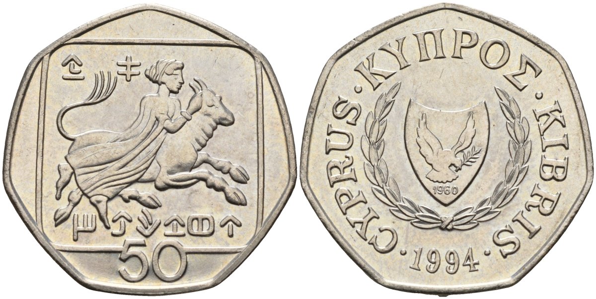 Кипр 50 центов 1994 похищение Европы KM 66 медно-никель 4141-1234