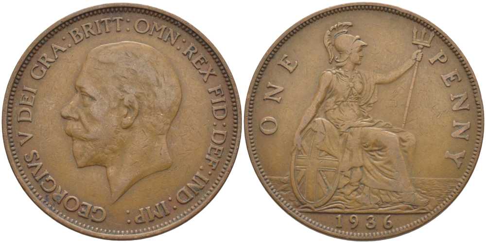 Великобритания 1 пенни 1936 Георг V (1910-1936) KM 838, Spink 4055 бронза 115-316