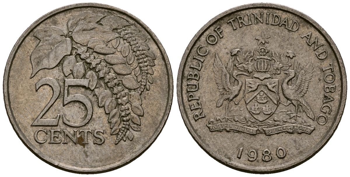 Тринидад и Тобаго 25 центов 1980 цветок дикая пуансеттия KM 32 медно-никель 4176-211