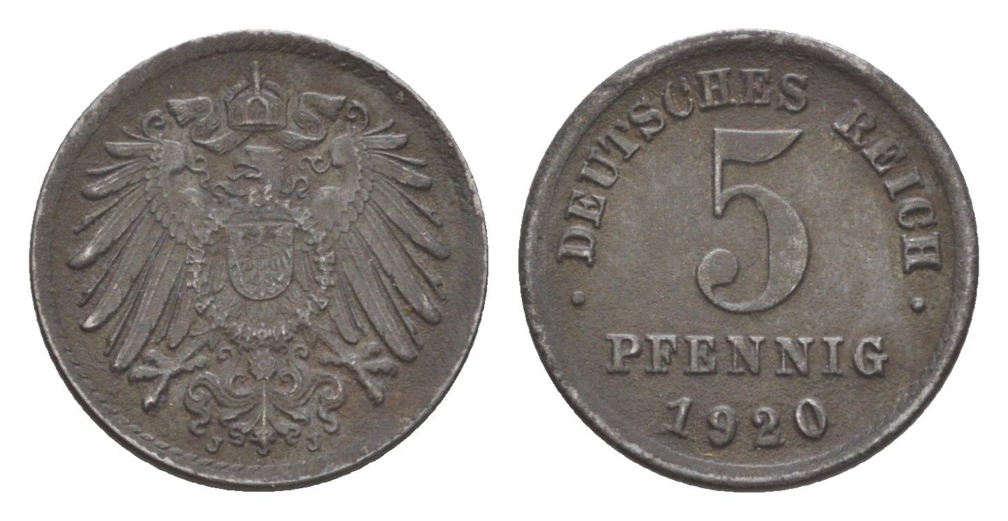 Германия 5 пфеннигов 1920 J KM 19, J. 297 железо плакированное цинком 4644-1123