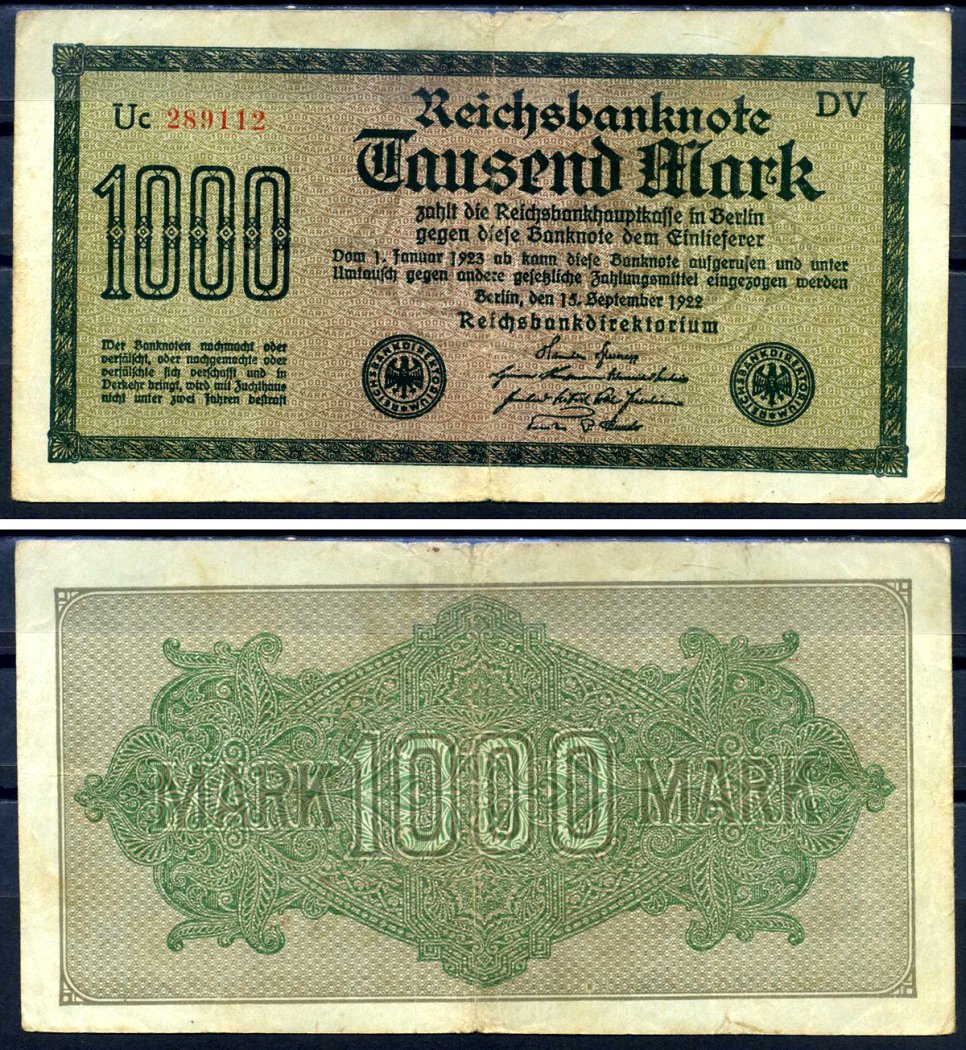 Германия 1000 марок 1922 выпуск 15 сентября 1922, водяной знак J, зеленая бумага, серия DV, буква Uc Pick 76 g (1) бумага 6279-31-1-2