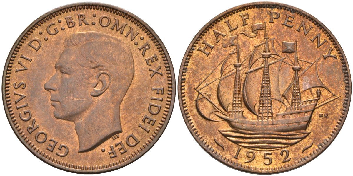 Великобритания 1/2 пенни 1952 Георг VI (1936-1952) KM 844, Spink 4118 бронза 4592-1132