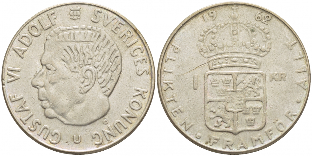 Швеция 1 крона 1962 U, Густав VI Адольф (1950-1973) KM 826 серебро 175-1133