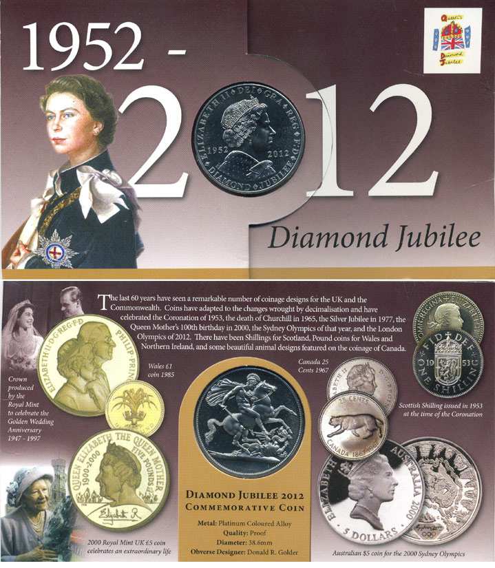 АНГЛИЯ МЕДАЛЬ 2012 БРИЛИАНТОВЫЙ ЮБИЛЕЙ (60 ЛЕТ ПРАВЛЕНИЯ) КОРОЛЕВЫ ЕЛИЗАВЕТЫ II (1952-2012), В ОРИГИНАЛЬНОМ КАРТОННОМ БУКЛЕТЕ. ДИАМЕТР 38,6 ММ. KM медно-никель UNC 5-6-3-58