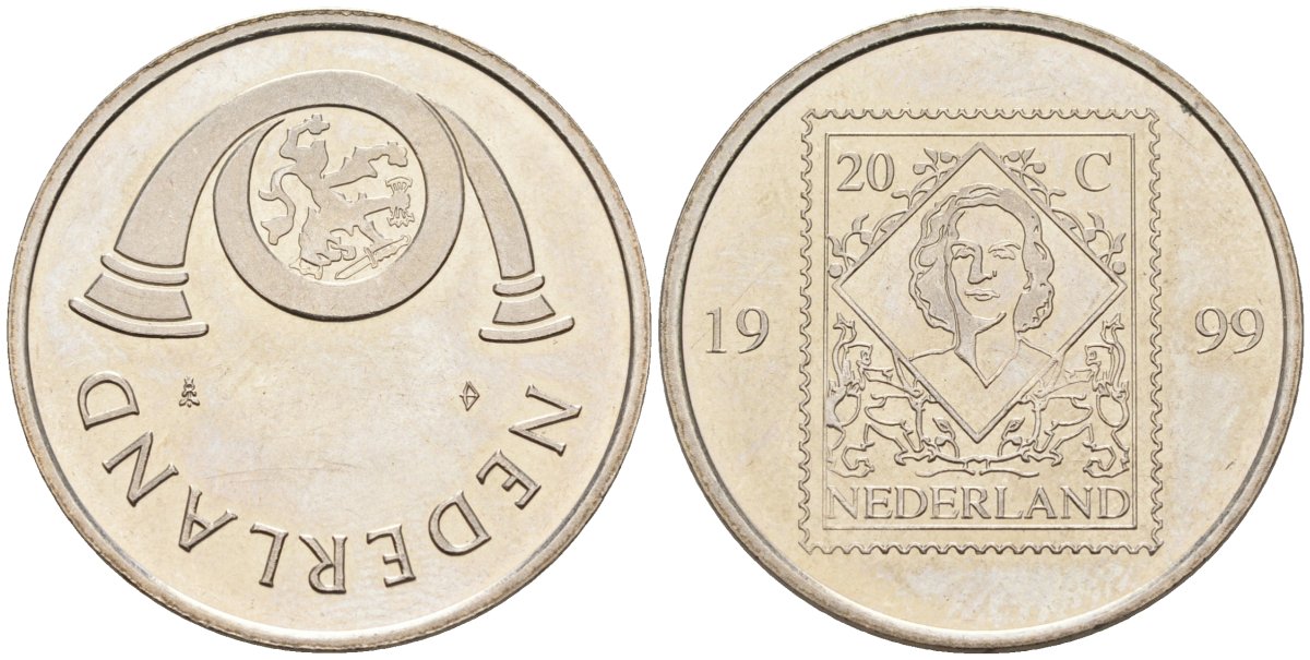 Нидерланды жетон 1999 20 центов, почтовая марка, диаметр 30 мм. белый металл UNC 81-232