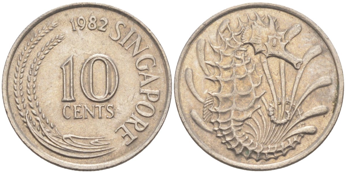 Сингапур 10 центов 1982 морской конек KM 3 медно-никель 187-459