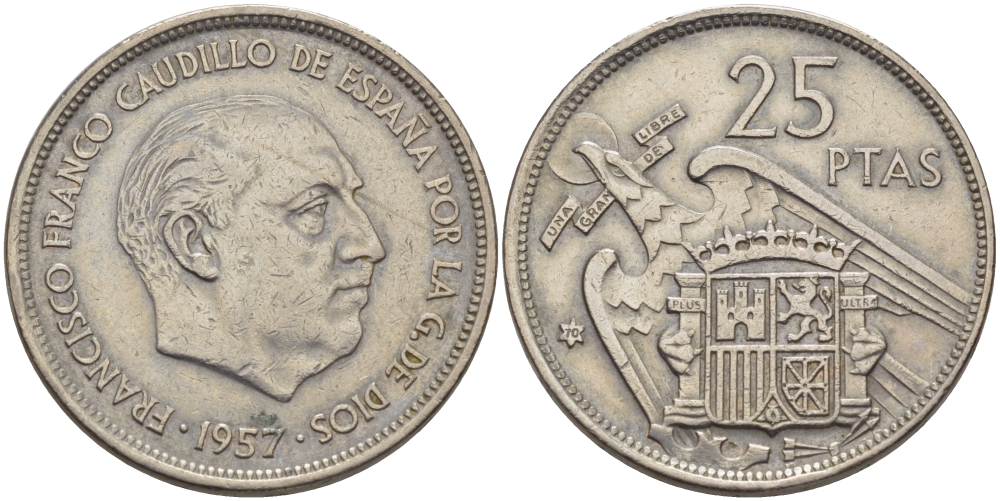 ИСПАНИЯ 25 ПЕСЕТ 1957 (70) ФРАНСИСКО ФРАНКО ДИКТАТОР ИСПАНИИ (1939-1975) KM 787 медно-никель 67-923