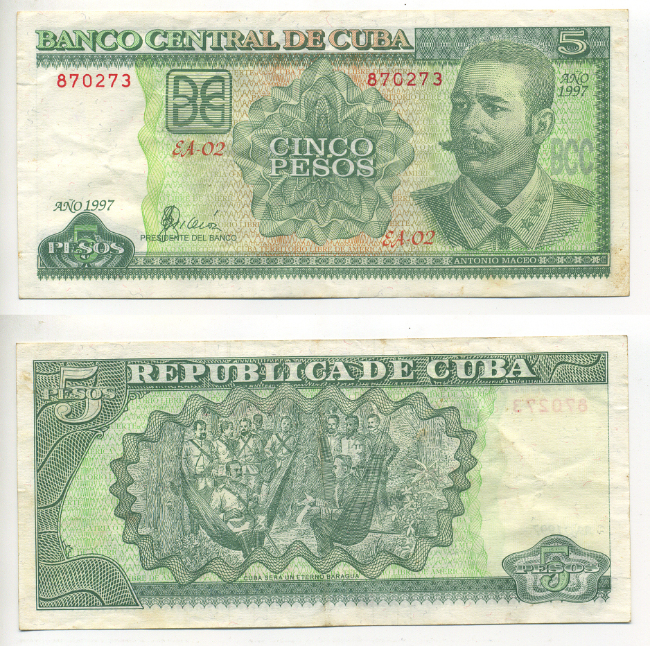 Куба 5 песо 1997 Антонио Масео, конференция между А. Масео и генералом А. Мартинесом Кампосом в Мангос-де-Барагуа (1878) Pick 116а бумага 7548-57-2