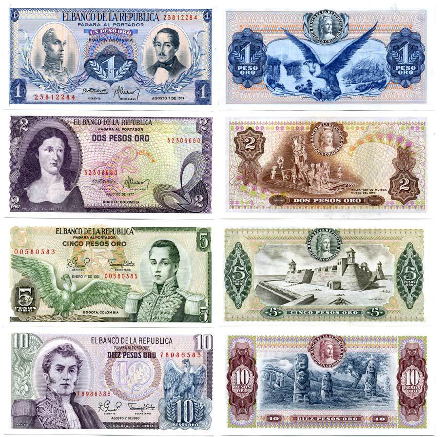 Колумбия 1, 2, 5, 10, 20, 50, 100 и 200 песо 1974-1992   бумага UNC (пресс)   447-24-1-1