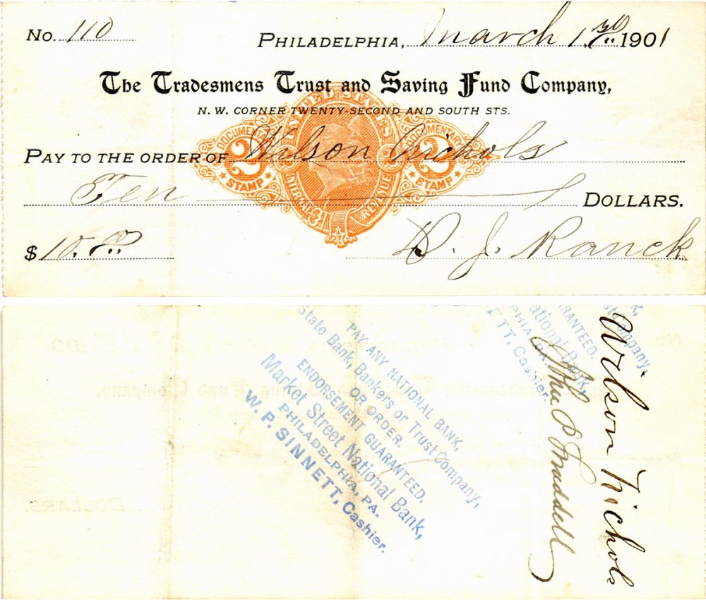 США чек на 10 долларов 1901 Филадельфия бумага 6287-35-2-2