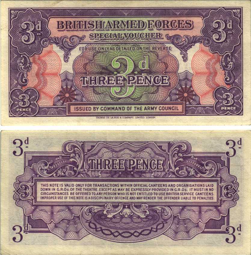 Великобритания 3 пенса 1946 первая серия, для вооруженных сил, специальный ваучер Pick M9а бумага aUNC 451-689-3