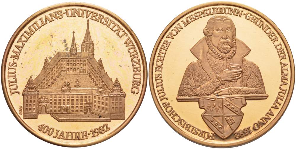 Германия медаль 1982 400 Ллет университета Юлиуса Максимилиана в Вюрцбурге, диаметр 40 мм.  цветной металл    1519-1232