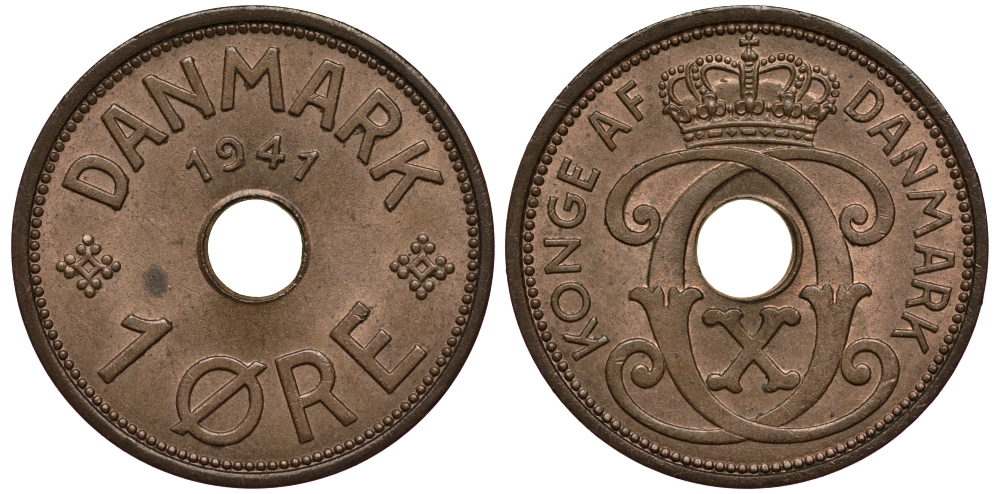 Фарерские острова 1 эре 1941 Кристиан X (1912-1947), датские территории KM 1 бронза UNC 100-643