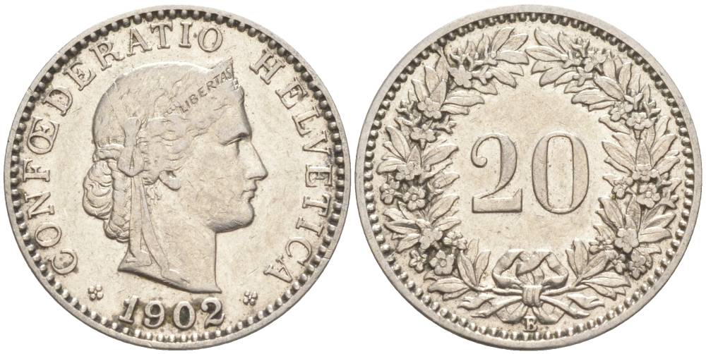 ШВЕЙЦАРИЯ 20 РАППЕНОВ 1902 В KM 29 никель 55-621