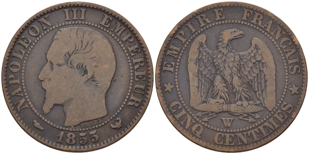 ФРАНЦИЯ 5 САНТИМОВ 1855 W, НАПОЛЕОН III (1852-1870) KM 777.7, LA FRANC 116.28 бронза 28-656