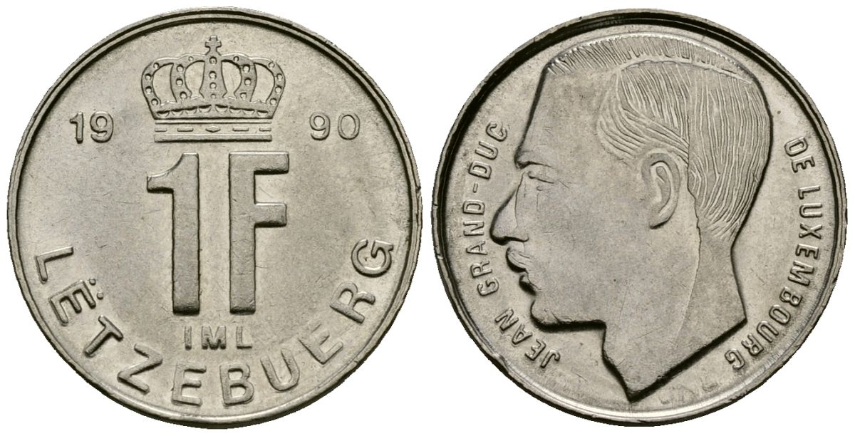Люксембург 1 франк 1990 Герцог Жан (1964-1999) KM 63 сталь плакированная никелем 4136-865