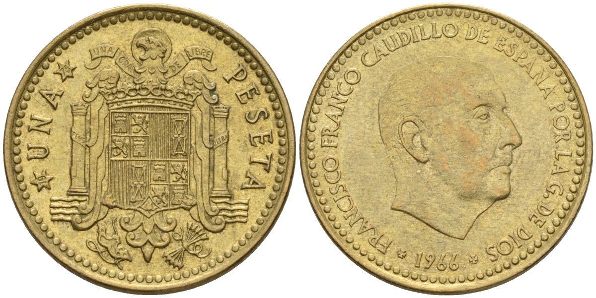 Испания 1 песета 1966 (75) Франсиско Франко (1939-1975) KM 796 алюминиевая бронза 4604-414