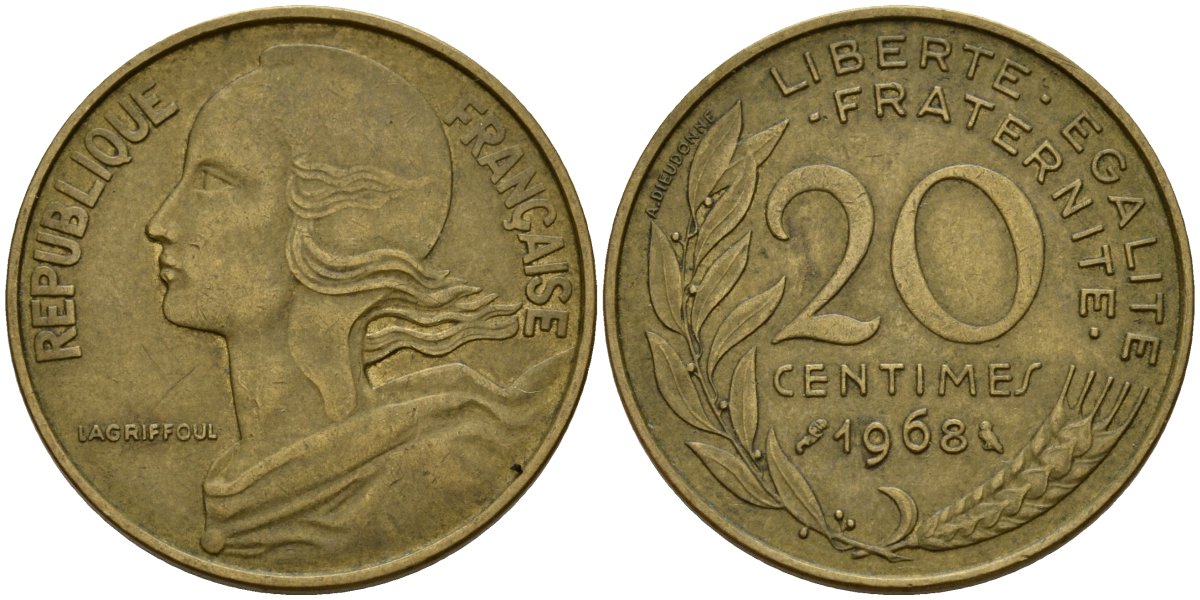 Франция 20 сантимов 1968 KM 930 алюминиевая бронза 4156-657