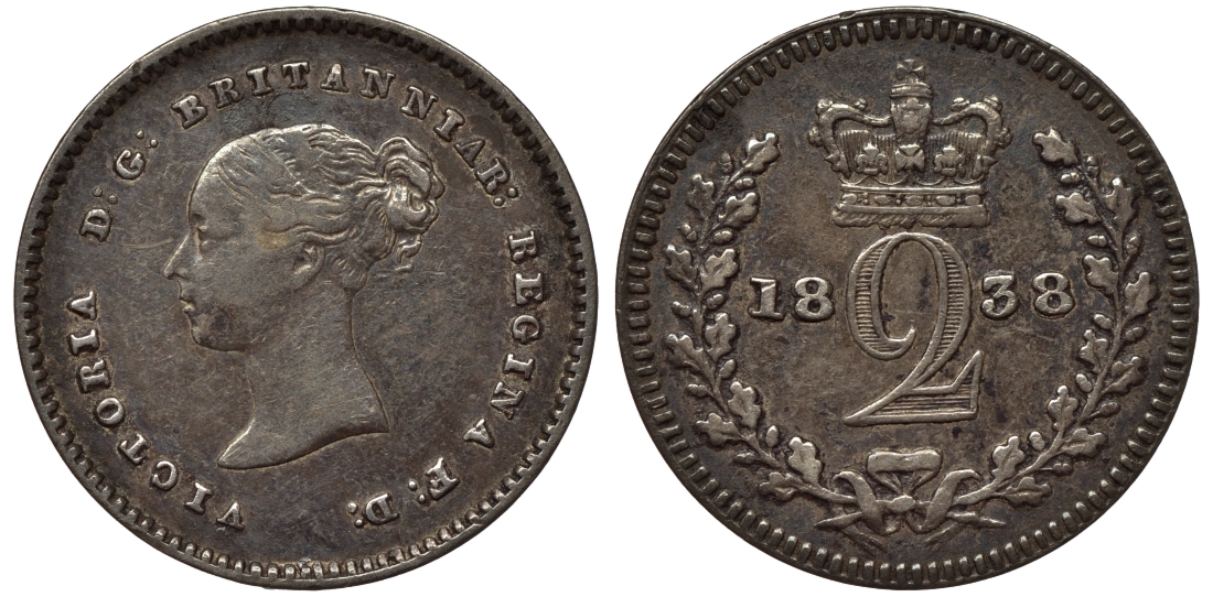 Великобритания 2 пенса 1838 Виктория (1837-1901), для обращения в Британской Гвиане и некоторых частях Британской Вест-Индии KM 729, Spink 3914E серебро 1524-424