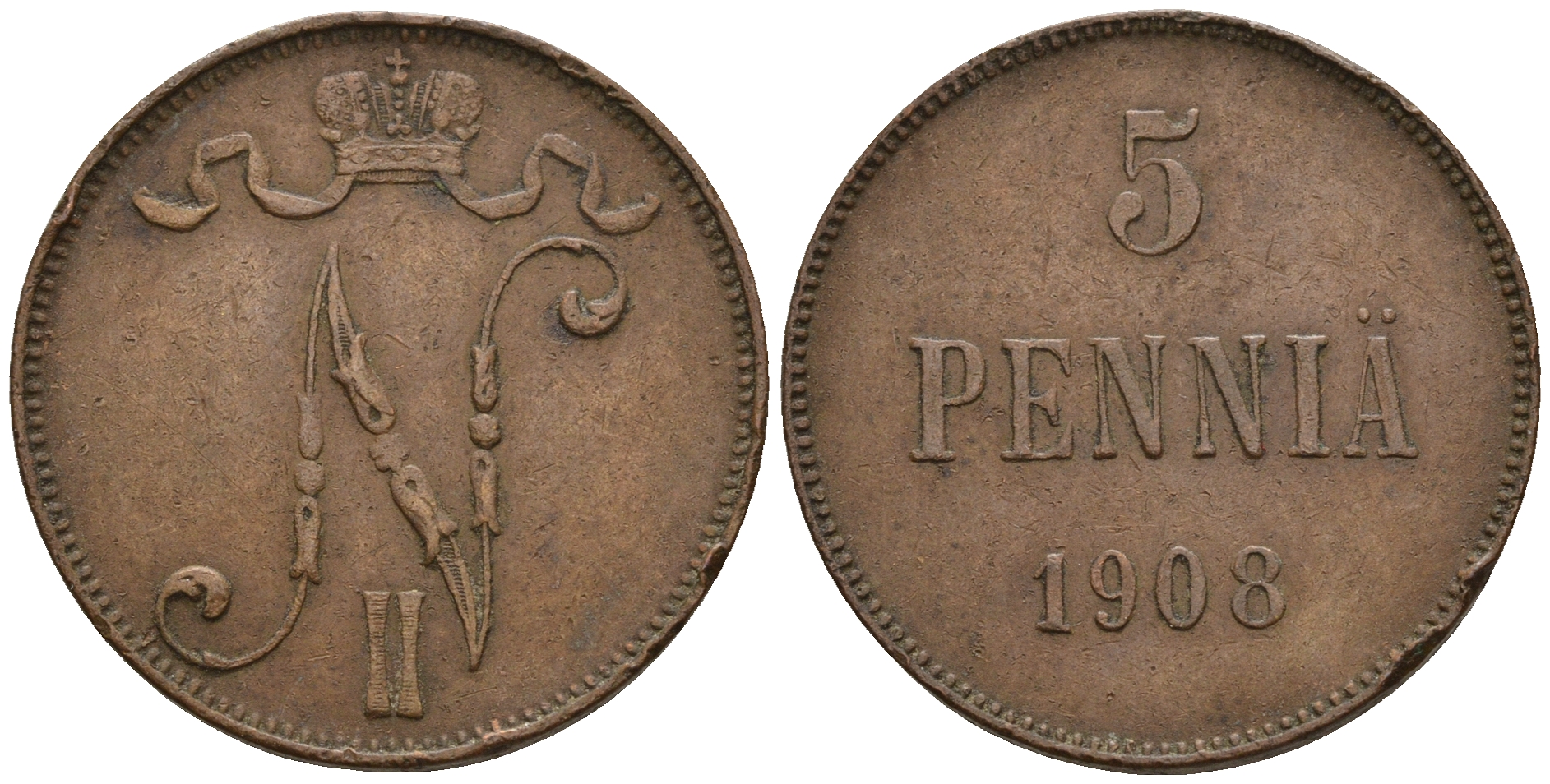 Россия для Финляндии 5 пенни 1908 Николай II (1894-1917) KM 15, Биткин 449 медь 259-1143