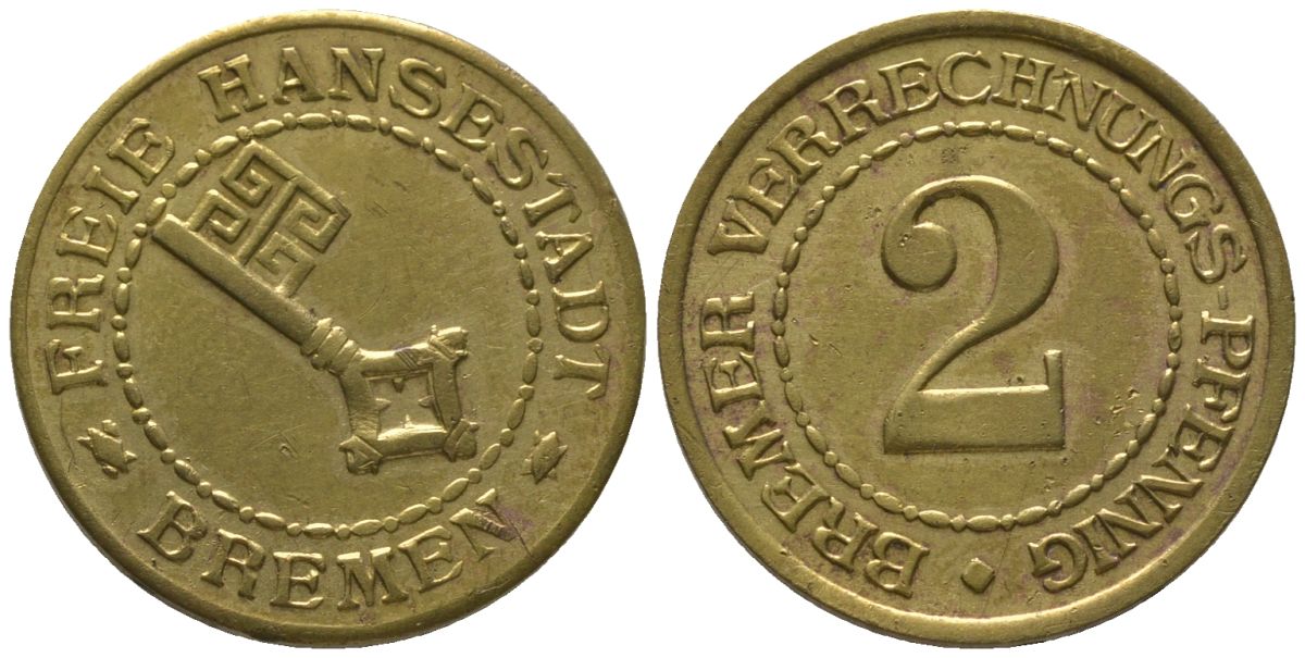 Бремен 2 пфенинга ND Funck 634.1, Men18 4503.1 латунь 4610-327