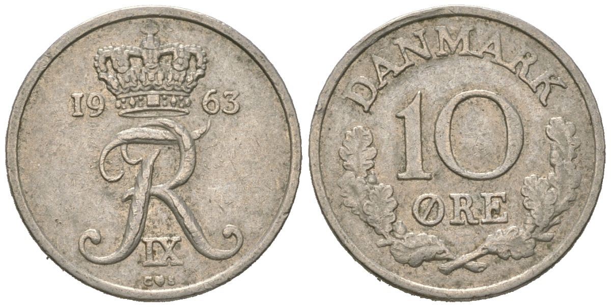 Дания 10 эре 1963 KM 849 медно-никель 4621-362