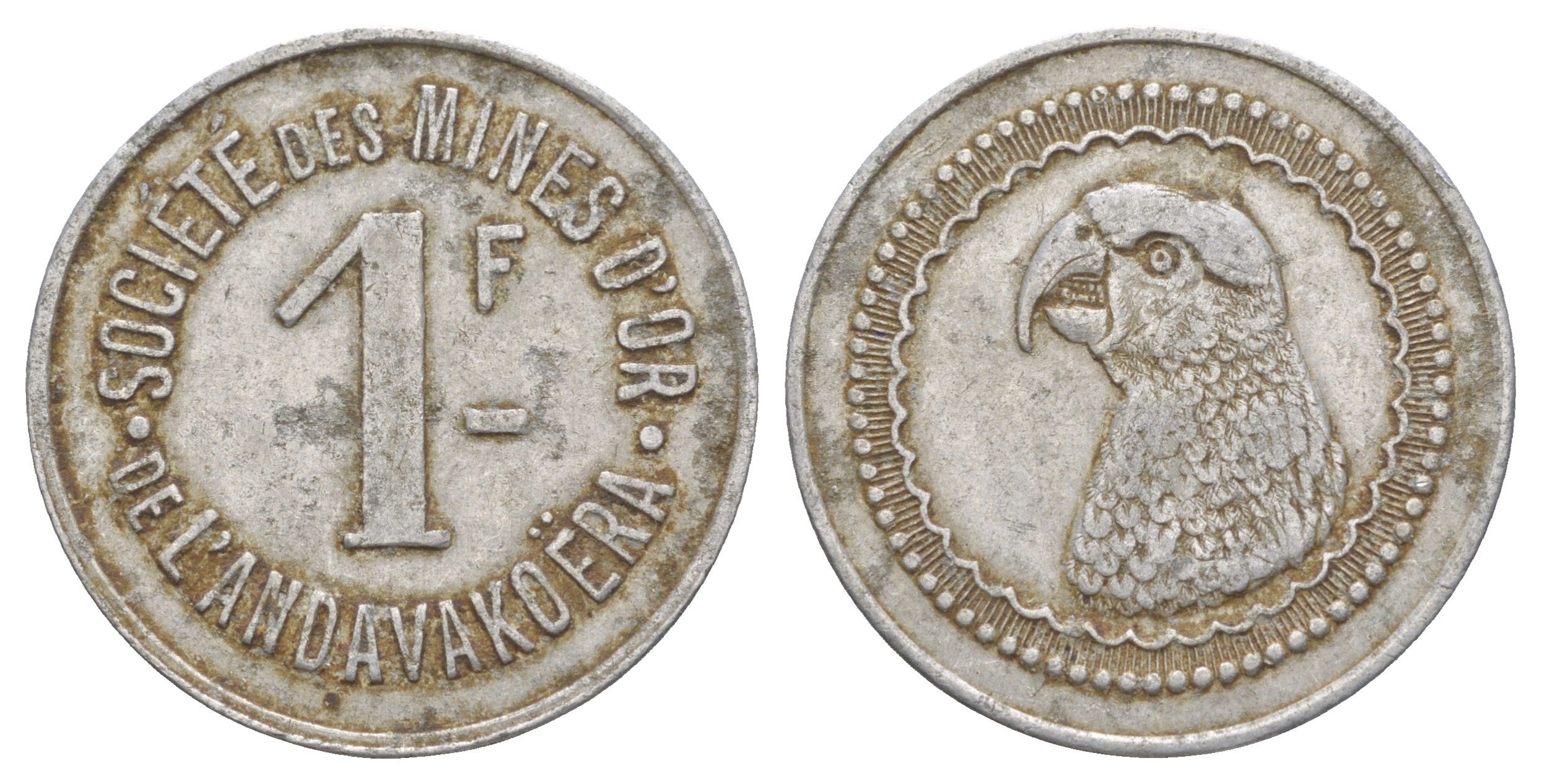 Мадагаскар торговый жетон 1 франк ND (1920) Компания по добыче золота Andavako?ra KM Tn3 алюминий 00-810-20