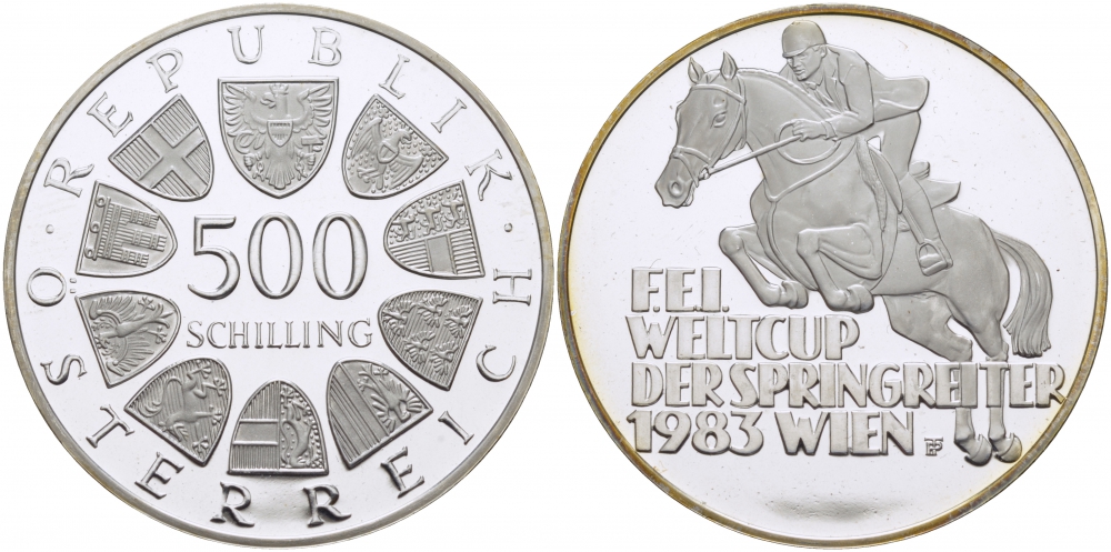 Австрия 500 шиллингов 1983 Чемпионат мира по конкуру KM 2961 серебро PROOF 1077-6-63