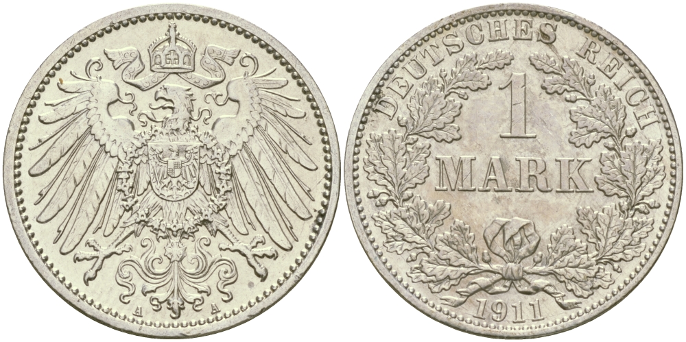 Германия 1 марка 1911 A Weege 18, J. 17, KM 14 серебро aUNC 65-236