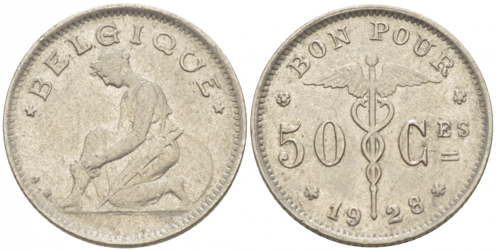 БЕЛЬГИЯ 50 САНТИМОВ 1928 BELGIQUE KM 87 никель 261-1622