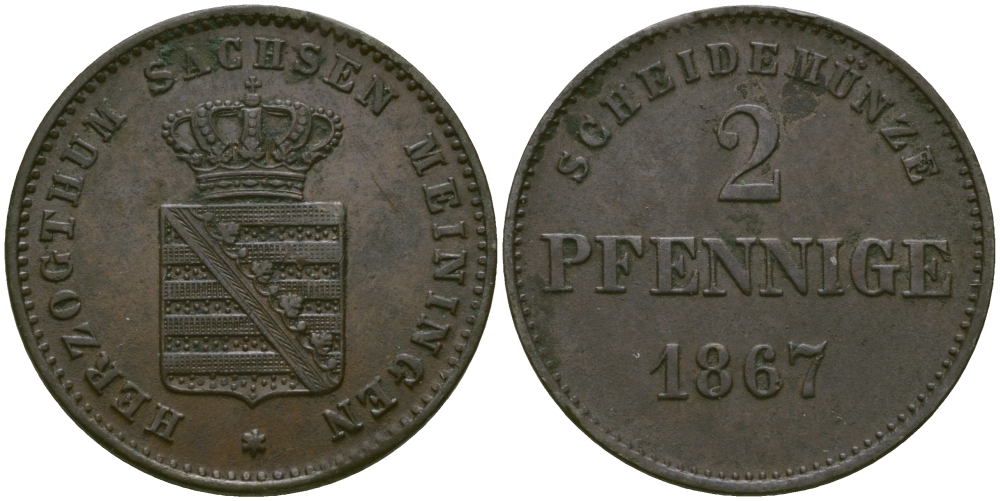 Саксен-Мейнинген 2 пфеннига 1867 Георг II (1866-1914) KM 174 медь 99-652