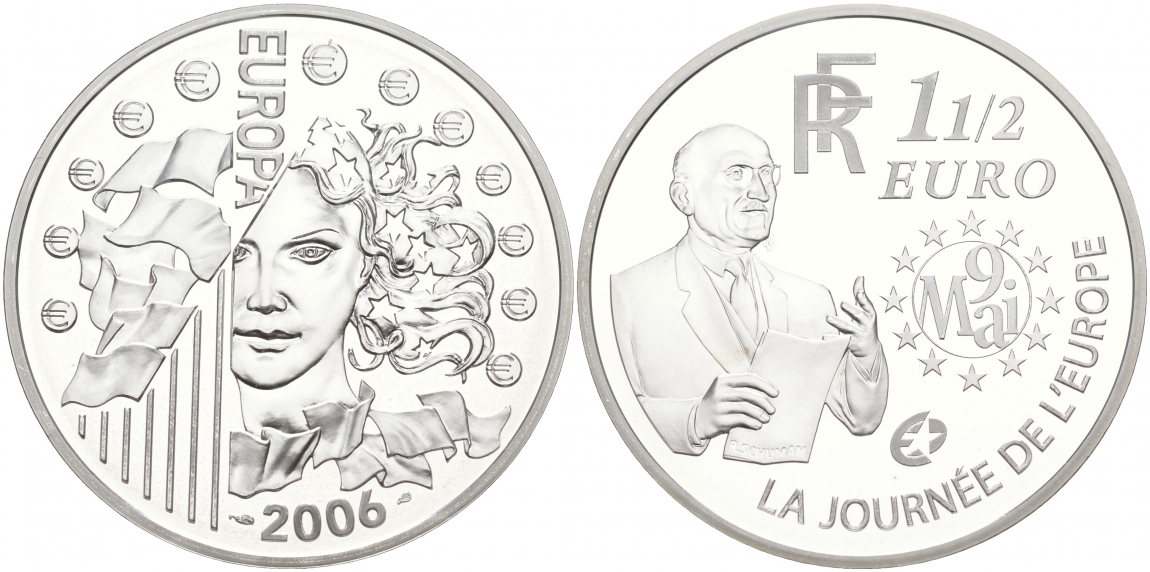 Франция 1 1/2 евро 2006 Декларация Шумана, день Европы 9 мая 1950 года KM 2037 серебро PROOF 02-012-34