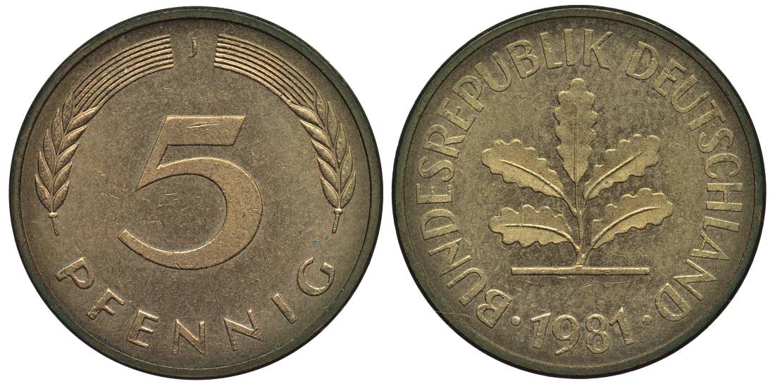 ФРГ 5 ПФЕННИГОВ 1981 J KM 107, Jager 382 сталь плакированная латунью 4547-762