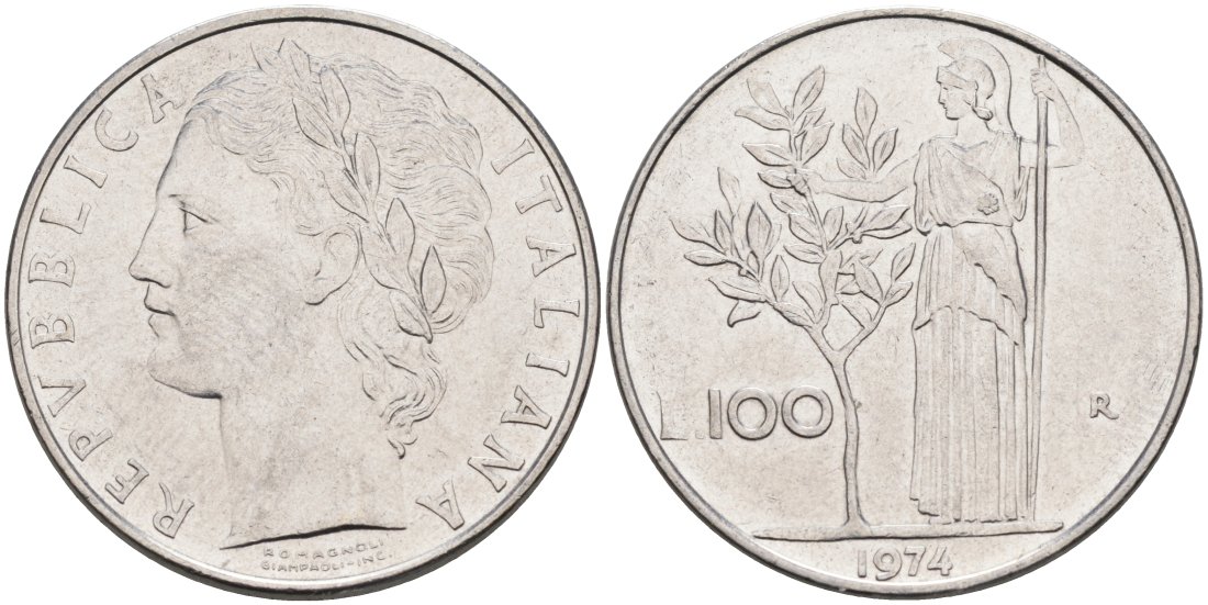 ИТАЛИЯ 100 ЛИР 1974 R, АФИНА КМ 96.1 нержавеющая сталь 4572-615