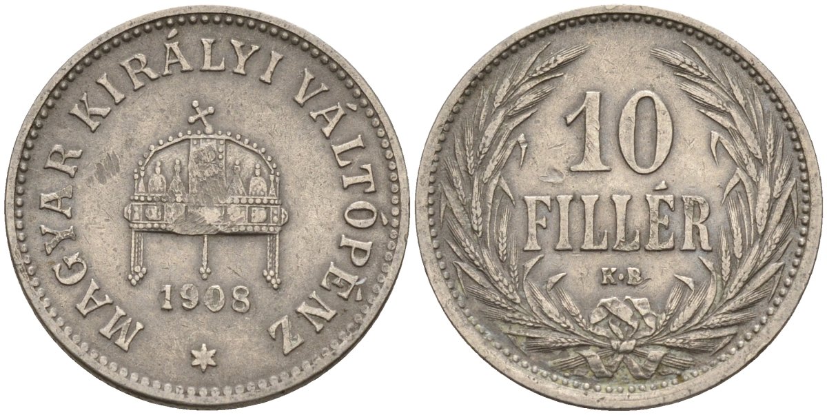 Венгрия 10 филлеров 1908 KB, Франц Иосиф I (1848-1916) KM 482 никель 4151-1069