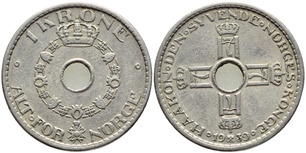 НОРВЕГИЯ 1 КРОНА 1939 KM 385 медно-никель 93-645
